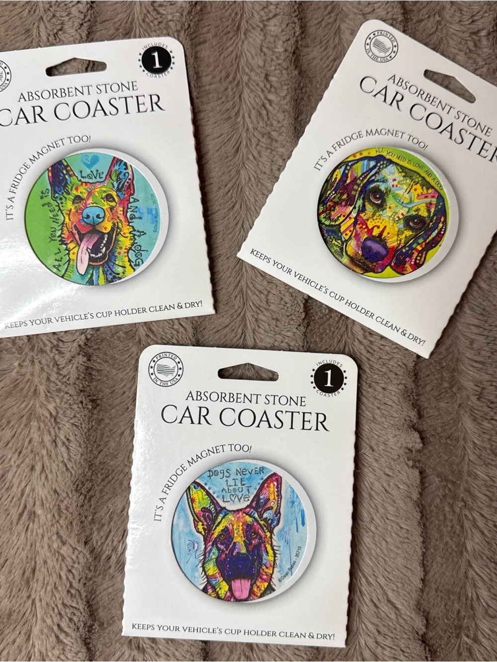 Absorbent Stone Car Coaster Set — Colorful Dog Designs